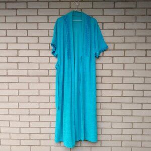 Vintage Housecoat Robe Wrap Front Blue Terrycloth Lace Size Medium Retro 70s 80s